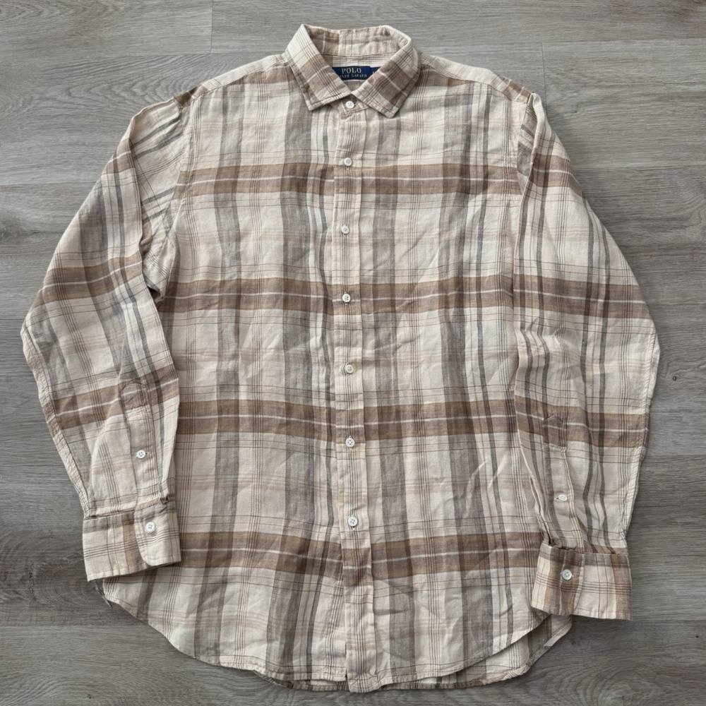 Polo Ralph Lauren Linen Shirt Men Large Brown Beige Plaid Lightweight Button Up